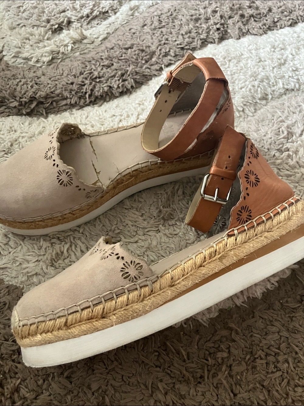 Women's Beige Espadrille Platform Sandals with Brown Ankle Strap